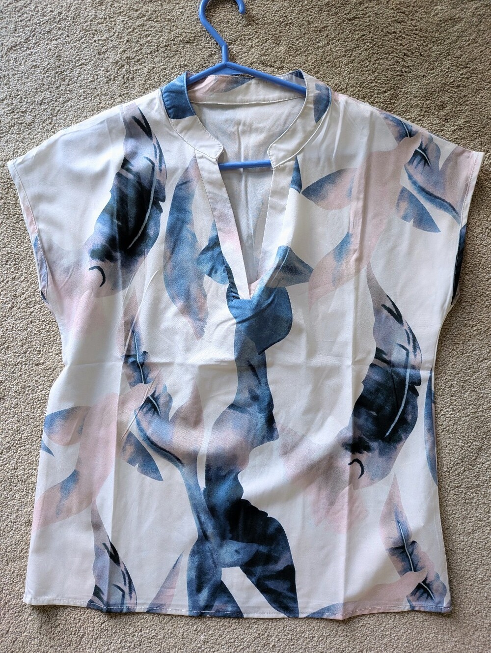 White Blouse with Blue and Pale Pink Abstract Print
